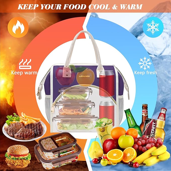 LOKASS Lunch Bag Women Insulated Lunch Box, Wide-Open Lunch Tote Bag Leak-proof Cooler Bag for Work Picnic-(Purple)
