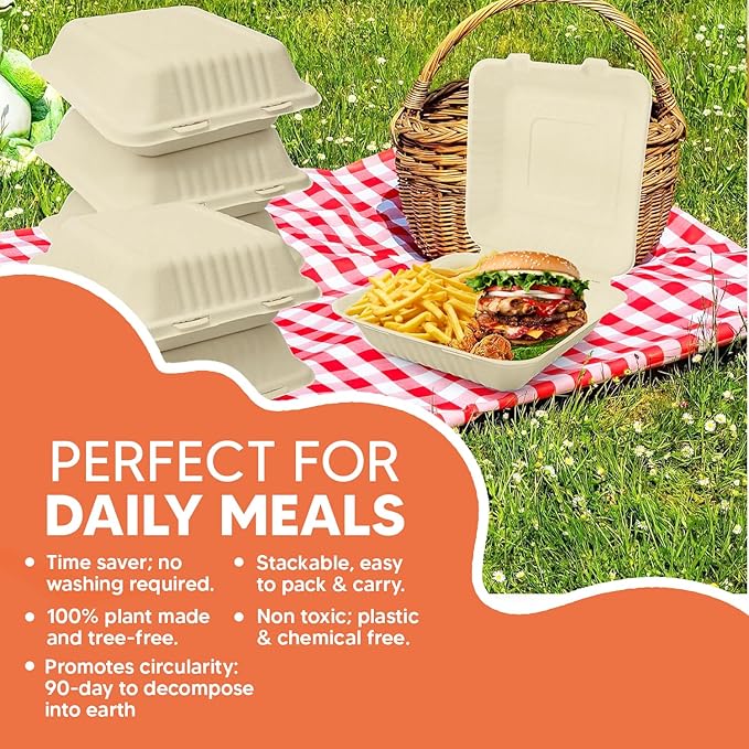 Compostable Clamshell Food Box with Lid (8x8 inch) 150-Pack | Disposable Plates | Made of Biodegradable Sugarcane Bagasse | Heavy-Duty Eco-Friendly Takeout Containers | Natural Brown