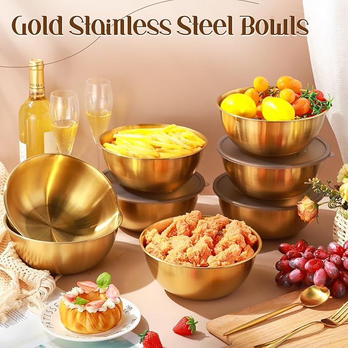 Nuogo 12 Pack 8.27 inches Gold Mixing Bowls with Airtight Lids Gold Serving Bowl Metal Salad Fruit Bowls Stainless Steel Soup Bowls Kitchen Accessories for Lunch Snack