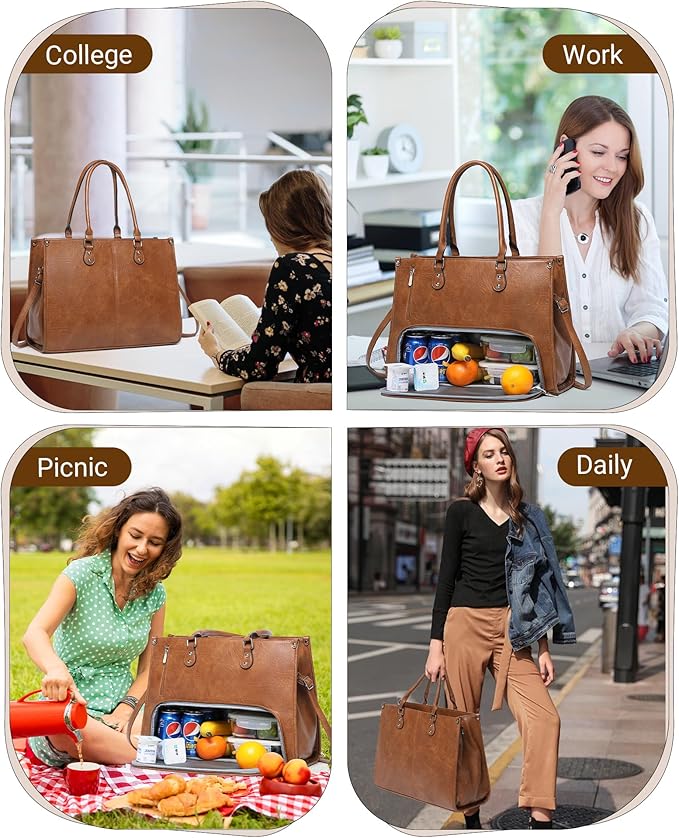 Laptop Tote Bag with Insulated Lunch Compartment for Women Work, PU Leather Lunch Bag with 15.6 Inch Computer Compartment