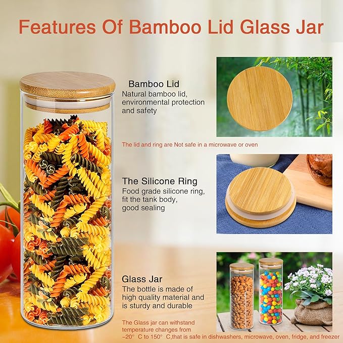 16 oz 20 pcs Glass Jars with Bamboo Lids, Airtight Kichen Glass Pantry Storage Containers with Lids for Rice, Candy, Sugar, Flour, Nuts, Cookie, Spice