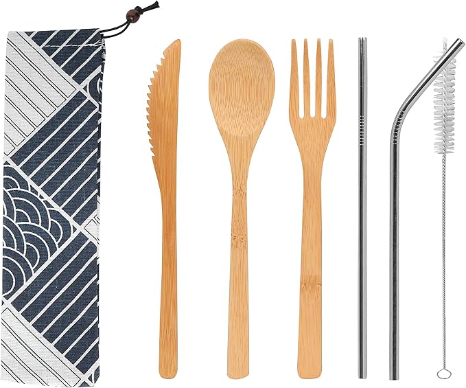 UPTRUST 2 Set Bamboo Cutlery Set with Travel Case, Reusable Bamboo Utensils - 7.8 Inches Knife, Fork, Spoon, 3 Colors Metal Straw - Portable Travel Set (Silver Straw)