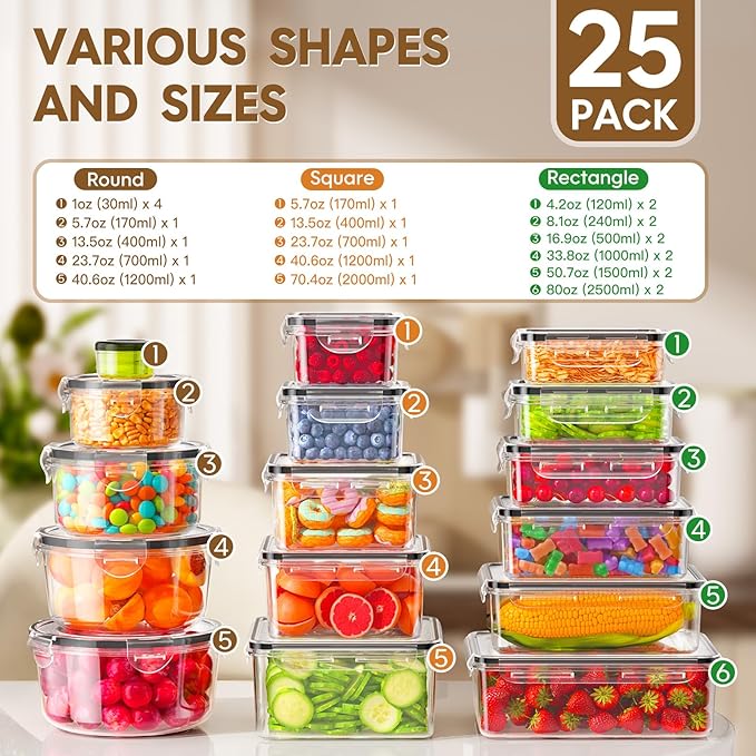 50 Pcs Large Food Storage Containers with Lids Airtight, Total 628.8OZ Stackable Kitchen Organization Set, BPA-Free Plastic Meal Prep Container with Labels & Marker Pen