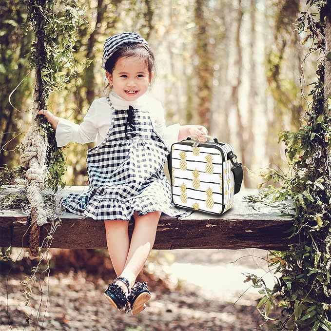 Golden Pineapple Kids Lunch Box Stripe Insulated Lunch Bag Tote for Girls Boys Cooler Freezable Meal Prep Bag with Shoulder Strap Waterproof Lunch Container for School Office Picnic