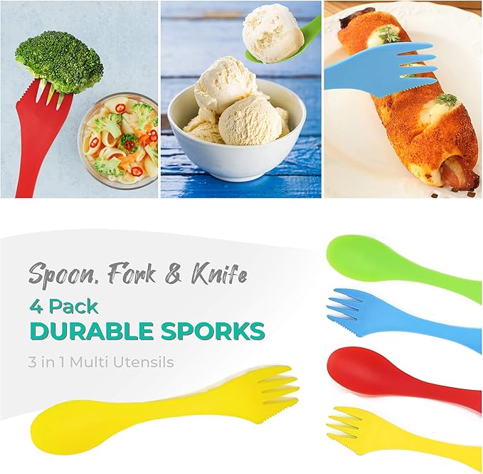 Collapsible Silicone Food Storage Containers - 16 Pcs Set with Lids Made by Silictek - Food Grade Travelling Measuring Cups - Measuring Spoons & Sporks- Portable & BPA Free - 4x Each