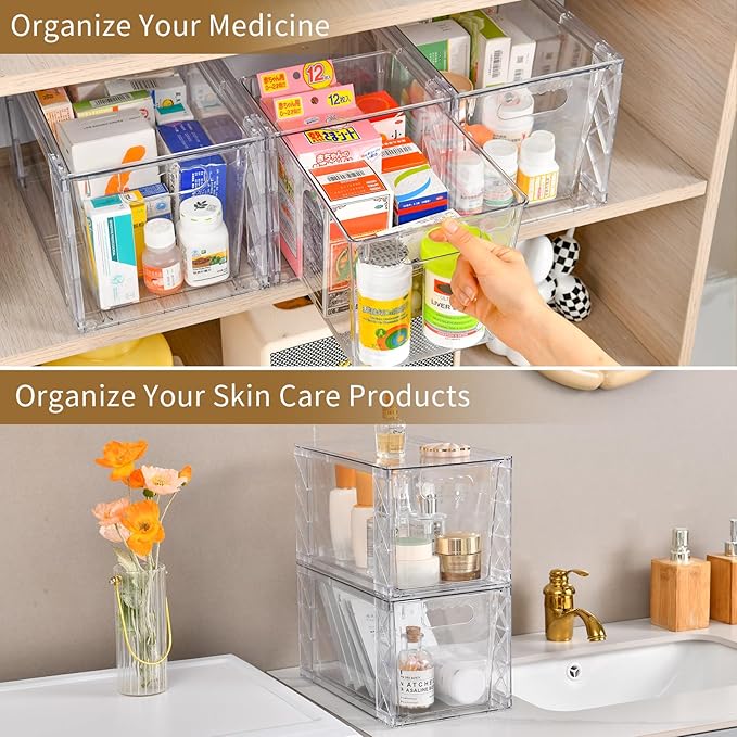 6Pack Stackable Kitchen Storage Organizer, Pantry Organizers and Storage, Clear Foods Organizer Bins with Handles, Easily Assemble for Bathroom, Kitchen, Pantry, Cabinet, Closet