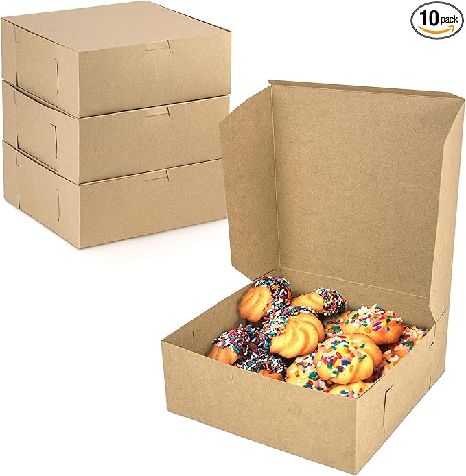 Fit Meal Prep 10 Pack Kraft Bakery Boxes, 8 x 8 x 3 Inches Brown Pastry Boxes, Cardboard Treat Boxes Pie Boxes Cookie Boxes Dessert Boxes for Cupcakes, Chocolates, Donuts, Macarons