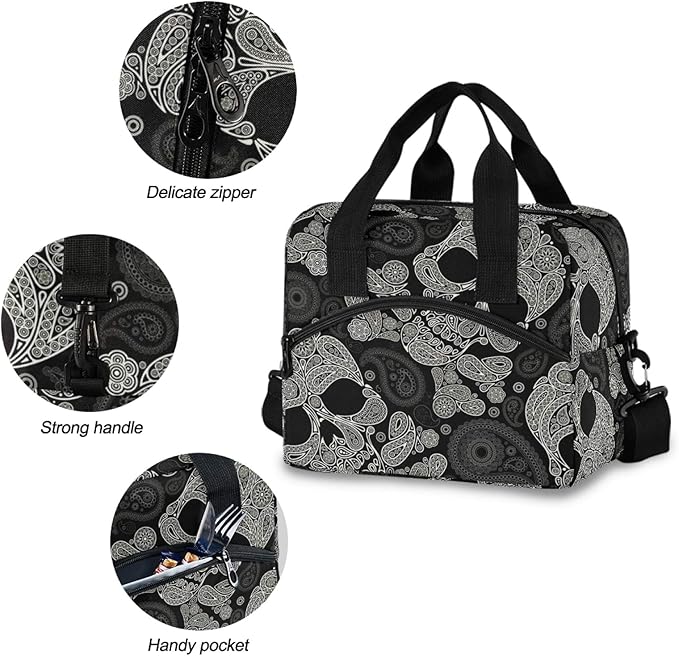 Skull Insulated Lunch Bag Reusable Lunch Tote Bag Cooler Bag for Women Men Adult Lunch Box with Adjustable Shoulder Strap Leakproof Lunch Bag for Work School Picnic Camping