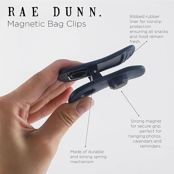 Rae Dunn Bag Clips with Magnet - Chip Clips, Food Storage with Air Tight Seal Grip for Bread, Snack and Food Bags, Pack of 10, Blue