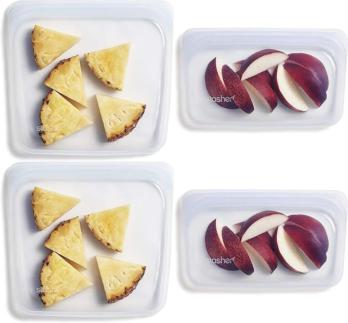 Stasher Silicone Reusable Storage Bag, 4-Pack Lunch/Travel (Clear) | Food Meal Prep Storage Container | Lunch, Travel, Makeup, Gym Bag | Freezer, Oven, Microwave, Dishwasher Safe, Leakproof
