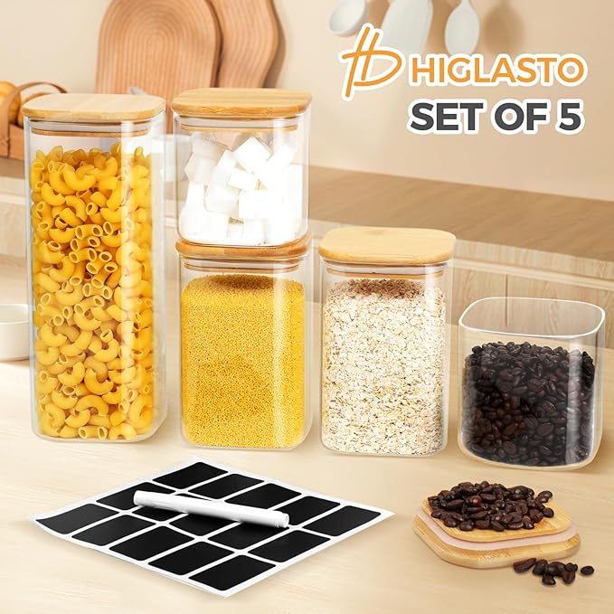 Glass Food Storage Jars with Bamboo Lids Square, Includes 1 Set of 74oz, 2 Set of 41oz & 27oz Storage Kitchen Canisters Pantry For Cookies Cereal Nuts Coffee Beans (Set of 5)
