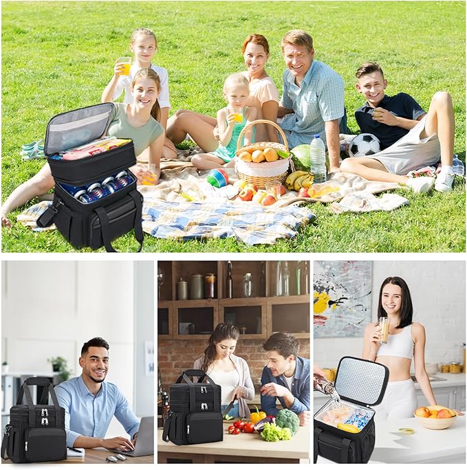 Insulated Lunch Bag & Lunch Box for Men - Double Deck Reusable Lunch Bag for Women Tote Cooler Bag Leakproof Soft Expandable - Large Lunchbox for Work/Adult/Picnic/Outdoor (Black,15L)
