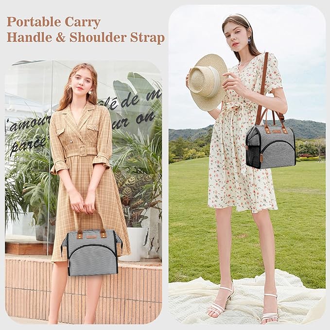 LOKASS Lunch Bag Insulated Lunch Box Wide-Open Lunch Tote Bag with Removable Shoulder Strap for Women/Men Adults Work Picnic Hiking Beach Fishing(Stripes)