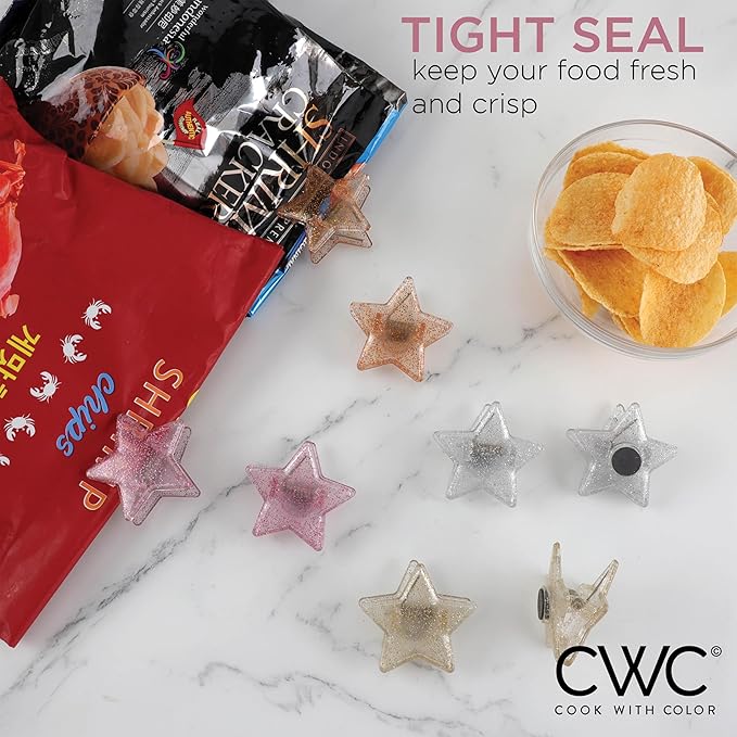 COOK WITH COLOR Cute Bag Clips - Magnetic Chip Clips for Airtight Seal, Stars, Pack of 8