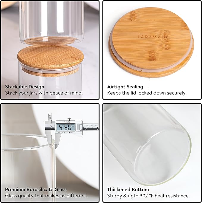 Laramaid Glass Jar Set (2x22oz/2x35oz/2x45oz) Set of 6 with 160 Minimalist Pantry Labels, Round Canister Jars with Bamboo Lids and Transparent Customized Sticker Labels, Food Storage Containers