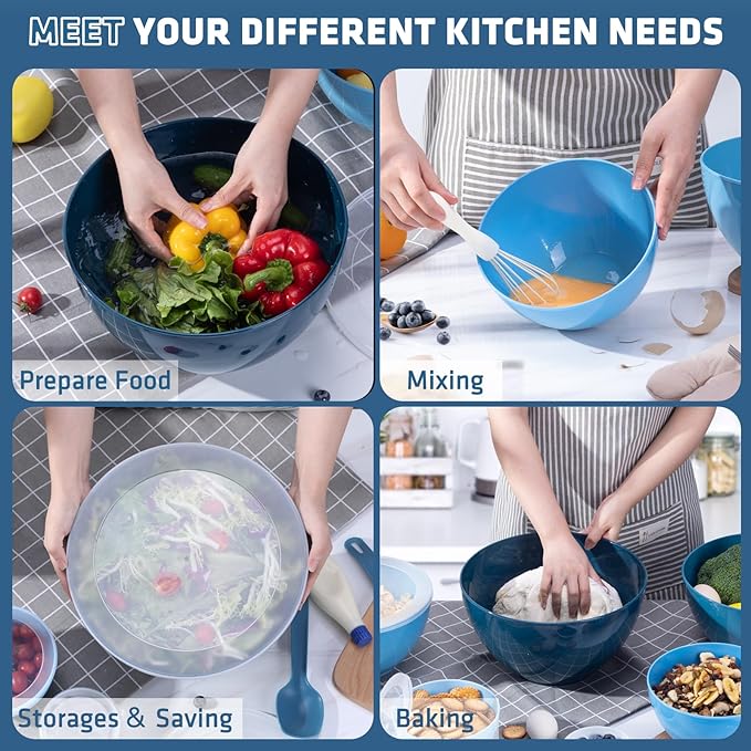 LUXEAR Mixing Bowls with Lids Set, 14 Pieces Plastic Nesting Bowls Includes 6 Prep Bowls, 6 Lids, 2 Cooking Spoons(Can Convert into Tongs), Microwave Dishwasher Safe for Mixing Serving Baking Storing