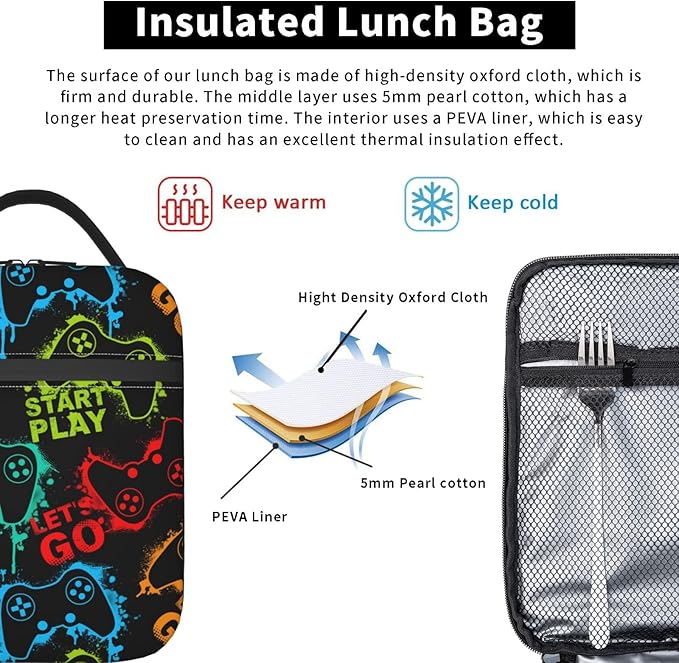 YETTA YANG Video Game Cool Portable Lunch Bag Insulated Lunch Box Reusable Totes For Women Men Work Picnic Camping