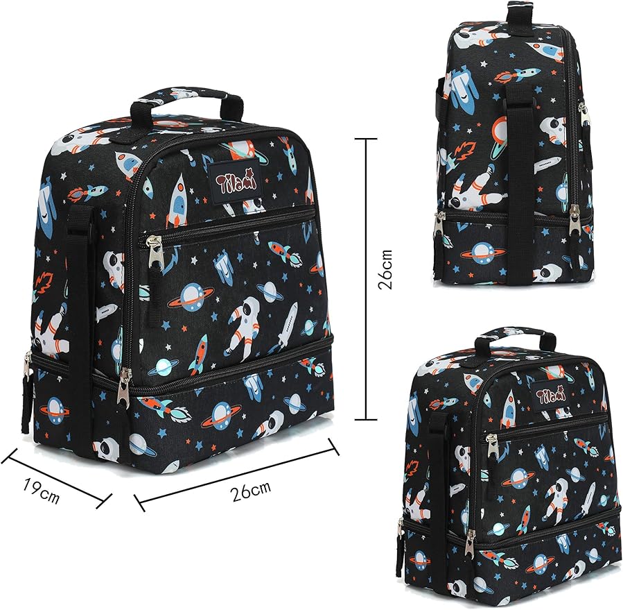 Tilami Lunch Bags Insulated Adjustable Strap Zipper, Two Compartments Cooler Bags, Bento Bags for Kids Toddlers, Astronaut