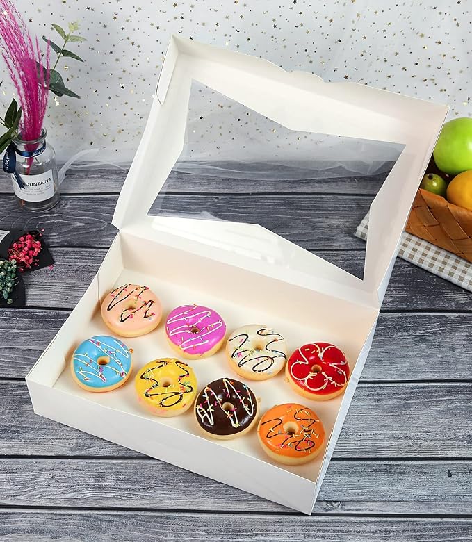 15-PACK White Pastry Bakery Box 16x11x2.75inch,Large Donuts,Muffins,Cookies Boxes with PVC Window Auto-Pop up Paper Box Nature Cardboard Take Out Container,Hold 12 Donuts,Pack of 15
