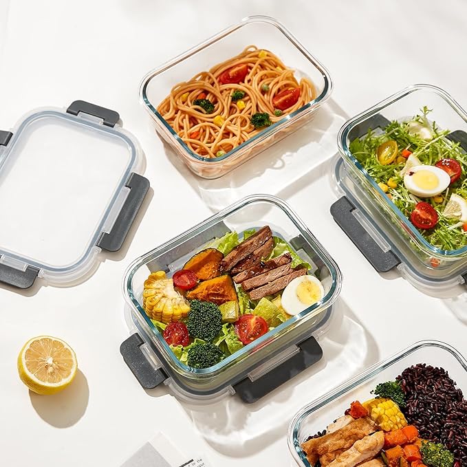 10 Pack Glass Meal Prep Containers, Glass Food Storage Containers with Lids, Reusable Airtight Leakproof Glass Lunch Bento Boxes Freezer, Microwave Oven and Dishwasher, Gray
