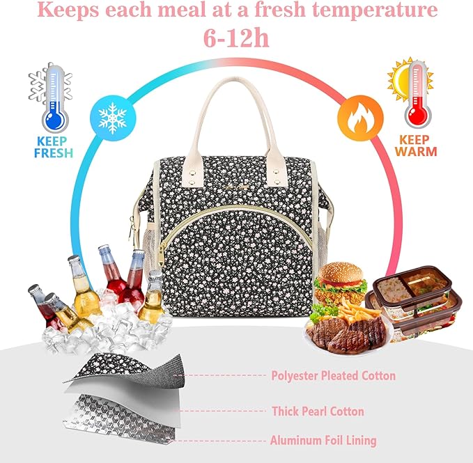 LOKASS Insulated Lunch Bag Women- Reusable 10 L Lunch Box for Women - Leakproof Tote Cooler Bag for Adults Work, Beach, Travel, Picnic (Black Small Florals)