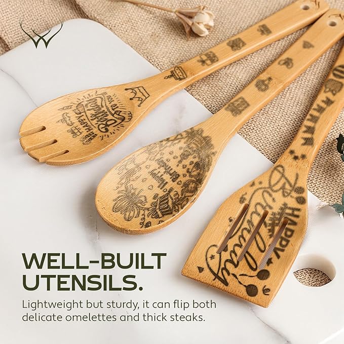 Birthday Gifts for Women – Premium Wooden Spoons for Cooking – Unique 40th Birthday Gifts Women & 50th Birthday Gifts for Her – Stylish Wooden Kitchen Utensil Set for Everyday Use