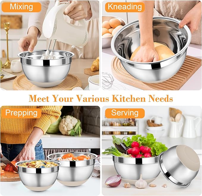 TeamFar Mixing Bowls Set of 6, Stainless Steel Salad Mixing Bowls with Visible Lids, Metal Nesting for Mixing Serving Prepping, Non-Slip & Airtight, 4.6/3.5/2/1.5/1/0.7 QT, Khaki