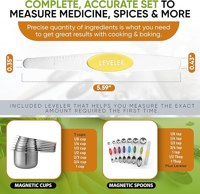 Spring Chef 4 Sided Large Box Grater with Handle & Stainless Steel Magnetic Measuring Cups & Spoons Set of 15 with Leveler, Multicolor- 2 Product Bundle
