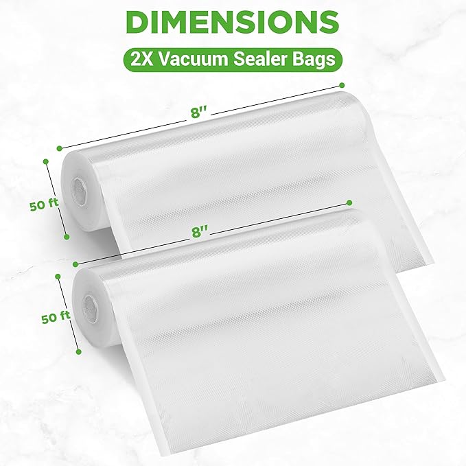 NutriChef Vacuum Sealer Bags 8x50 Rolls 2 pack for Food Saver, Seal a Meal, NutriChef, Weston. Commercial Grade, BPA Free, Heavy Duty, Great for vac storage, Meal Prep or Sous Vide