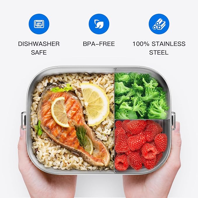 1400ML Stainless Steel Bento Box for Adults, 3-Compartment Metal lunch box with Lockable Clips, 47oz Leak-Proof Food Container for Work, Travel, Dishwasher Safe