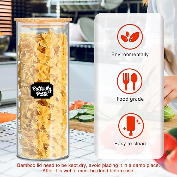 Glass Jars with Bamboo Lids, 72oz 3Pcs Kitchen Glass Containers with Bamboo Lids, Airtight Glass Pantry Storage Containers with Lids for Spaghetti, Pasta, Rice, Nuts, Flour, Bean, Dry Foods