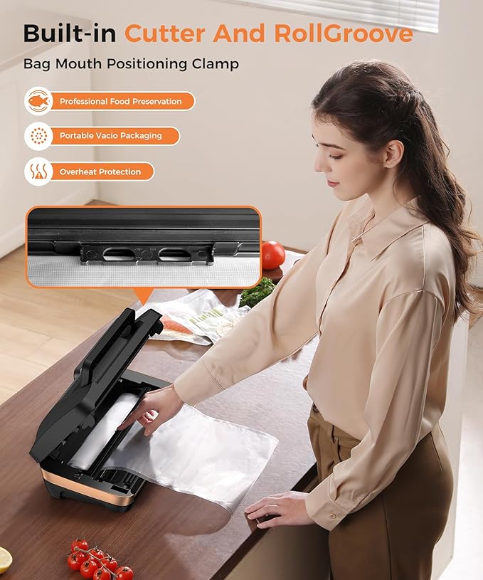 95kpa Vacuum Sealer Machine,Commercial Full Automatic Food Sealer,10-in-1 Sealing System with Double Heat Seal,Bags Storage, Easy-Lock Handle,Build-in Cutter,1 Bag Rolls and 10 pcs Pre-cut Bags