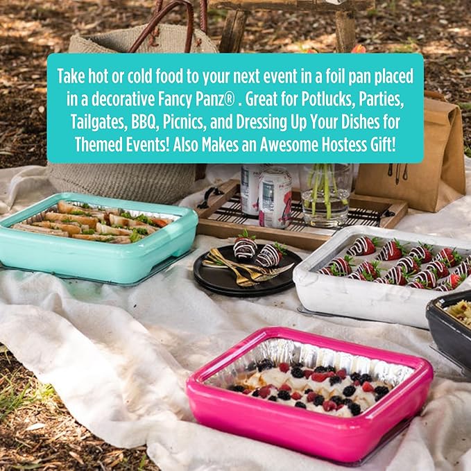 Fancy Panz Premium, Serving Tray for Food, Made in the USA Foil Pan Carrier, Stackable Aluminum Pan Holders, Travel Casserole Carrier, Aqua