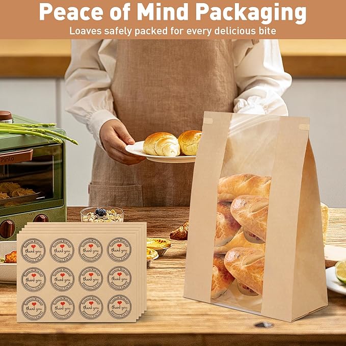 120 Pack Bread Bags for Homemade Bread Sourdough Bread Bags with Tin Tie Tab Lock, Kraft Paper Bread Loaf Bag with Window and Label Seal Stickers for Baked Food Packaging Storage (13.7''x8.2''x3.5'')
