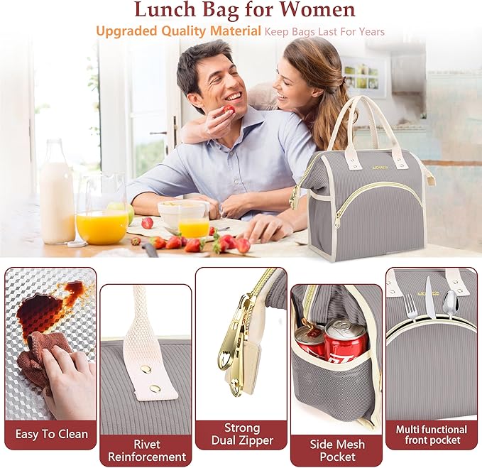 LOKASS Lunch Bag Women Insulated Lunch Box Wide-Open Lunch Tote Bag Large Cooler Bag for Work Picnic Hiking Beach(Dark Gray)