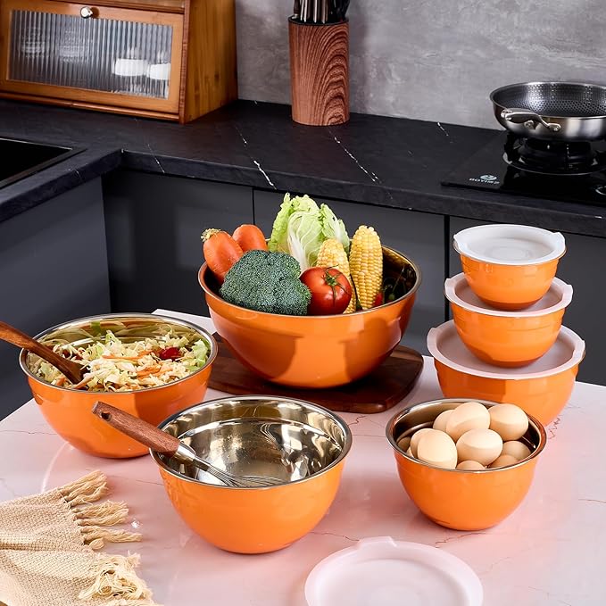 Orange Mixing Bowls With Airtight Lids,Stainless Steel Bowl,Salad Bowls 7 Piece Colorful Nesting Bowl Rainbow Kitchen Accessories,Size 7,3.6,2.7,2.1,1.5,1.1,0.8QT Stackable Design