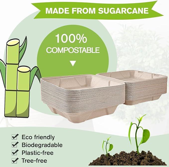 ECOLipak 50 Pack Clamshell To Go Containers, 100% Compostable Disposable Take Out Food Containers, 8X8 inch Heavy-Duty To Go Boxes, Eco-Friendly Biodegradable Take Out Containers For Food