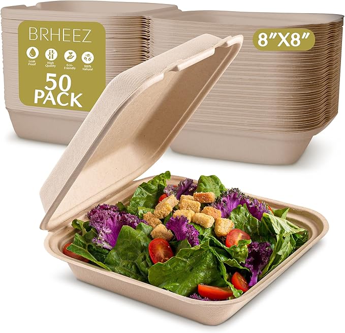 brheez Disposable Clamshell To-Go Containers – Bagasse Fiber Biodegradable Containers with Lids for Takeout, Parties, & Holidays – Pack of 50 Chemical-Free, 1-Compartment Boxes, 8"x8", Natural