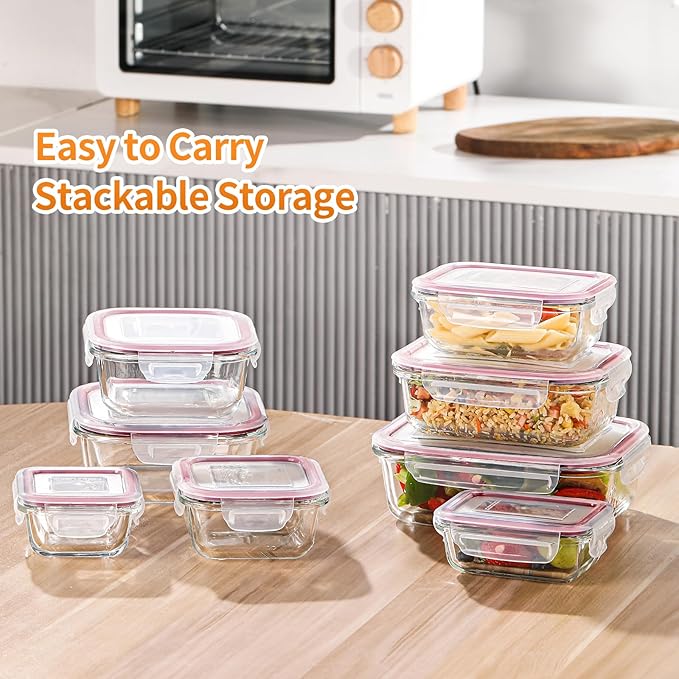 HOMBERKING 8 Pack Glass Food Storage Containers with Lids, Meal Prep Containers, Airtight Bento Boxes with Leak Proof Locking for Microwave, Oven, Freezer and Dishwasher, BPA Free, 5-35oz, Pink
