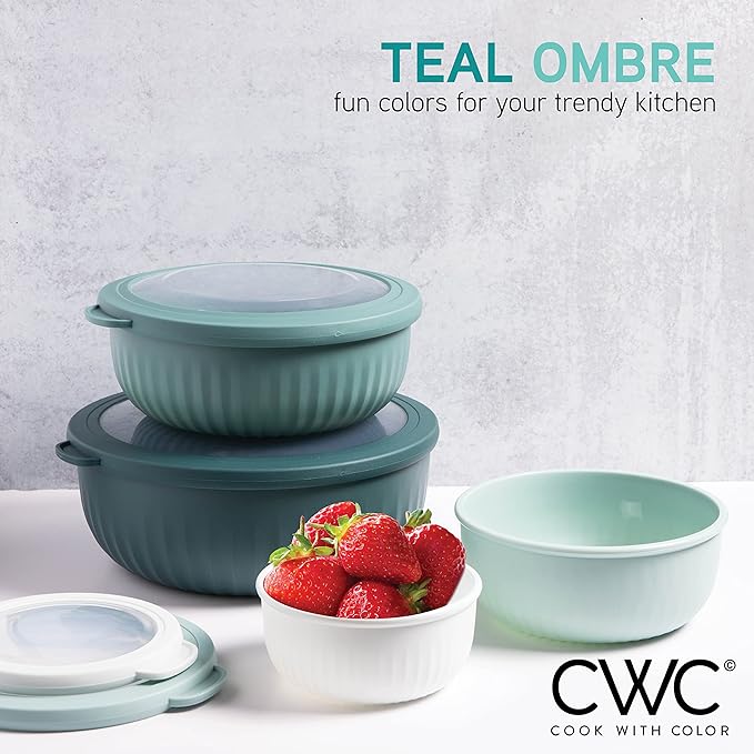 COOK WITH COLOR Prep Bowls with Lids- Wide and Deep Nesting Plastic Small Mixing Bowl Set with Lids, 8 Piece Set - Wide Bowls, Teal
