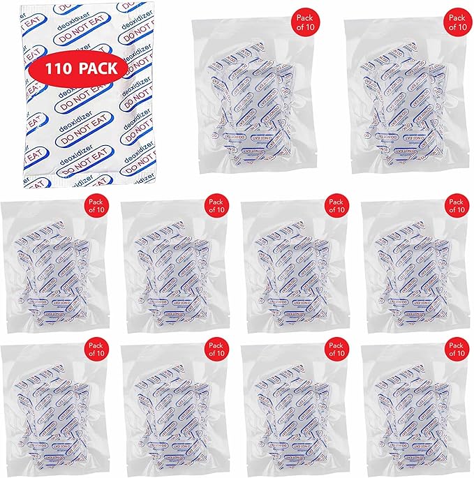 110 Packs 100cc Food Grade Oxygen Absorbers (11x packs of 10), Oxygen Absorbers for Food Storage, Long Term Food Freshness Works in Mylar Bags Mason Jars and Vaccum Bags