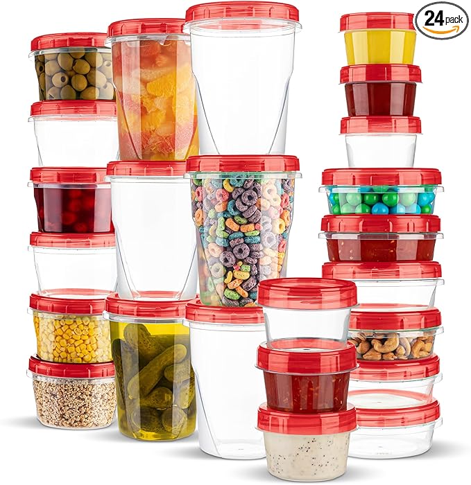 PLASTICPRO 24 Pack Twist Top Containers Assorted Sizes Plastic Food Storage Containers with Red Twist on Lids Stackable Reusable