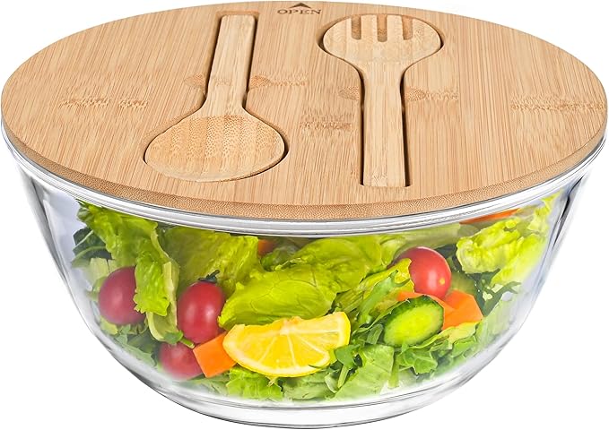 10.6" Glass Salad Bowl with Sealed Lid, 4.7 Quart Large Capacity Serving and Mixing Bowls with Utensils, Versatile Serving Dish for Salads, Trifle, Fruits, Pasta, Microwave Safe
