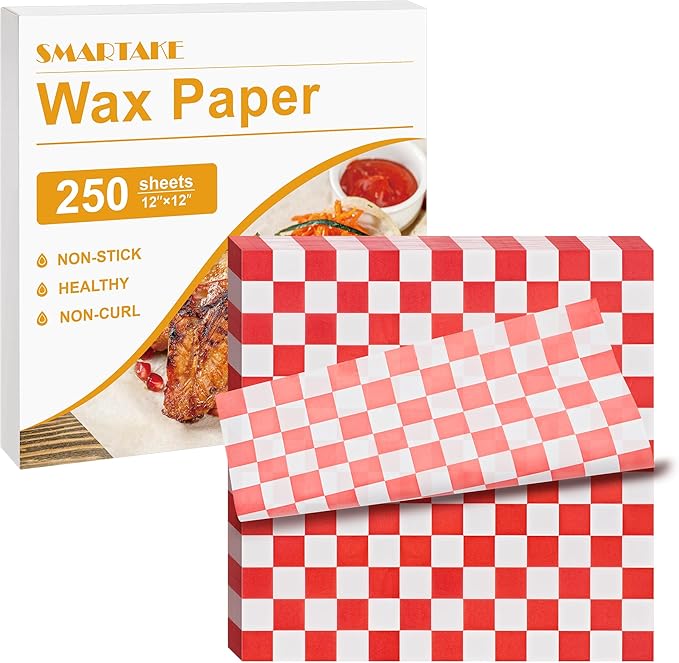 SMARTAKE 12 x 12 Inches Wax Paper for Food, 250 Pcs Non-Stick Hamburger Patty Paper, Square Sandwich Separators Wrapping Paper, for Lunch, Restaurants, Barbecues, Picnics, Parties, Red Plaid