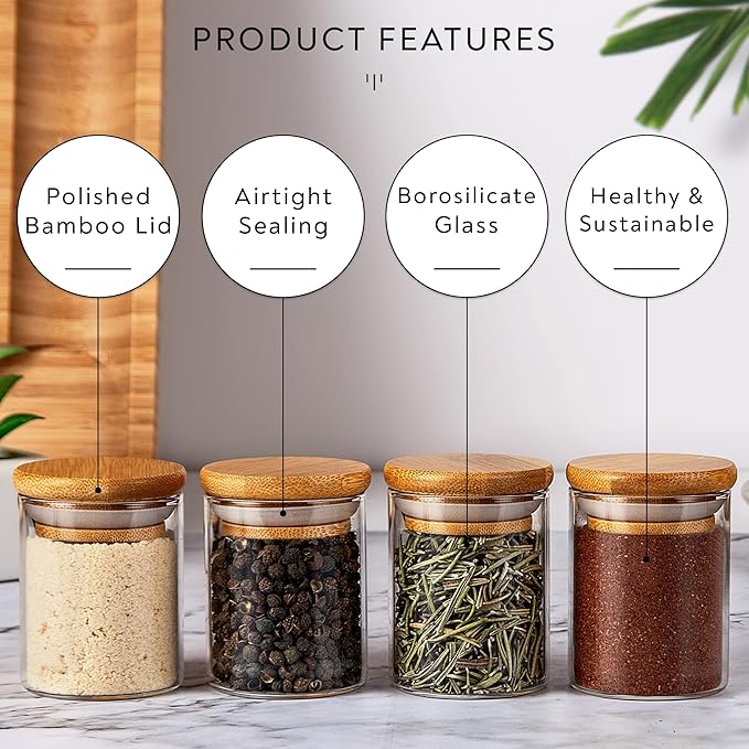 Laramaid 2.5oz 20Packs Glass Jars Set, Round Spice Jars with Bamboo Lids and Customized Labels, Food Storage Container Canisters for Home Kitchen, Spice, Herbs, Seasoning, Seed, Tea, Sugar, Salt
