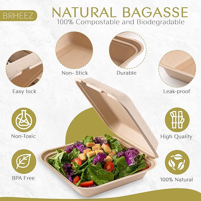 brheez Disposable Clamshell To-Go Containers – Bagasse Fiber Biodegradable Containers with Lids for Takeout, Parties, & Holidays – Pack of 50 Chemical-Free, 1-Compartment Boxes, 8"x8", Natural