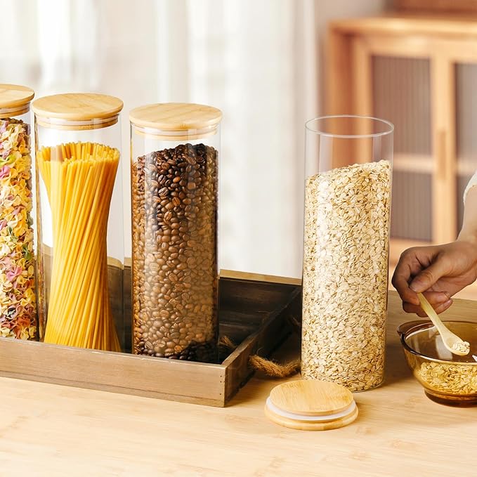 60oz Glass Storage Containers with Lids for Pasta Spaghetti, Tall Glass Jars with Airtight Wood Lids, Kitchen Food Storage Pantry Jars, For Cookies Flour Cereal Sugar Tea Coffee Beans (Set of 4)