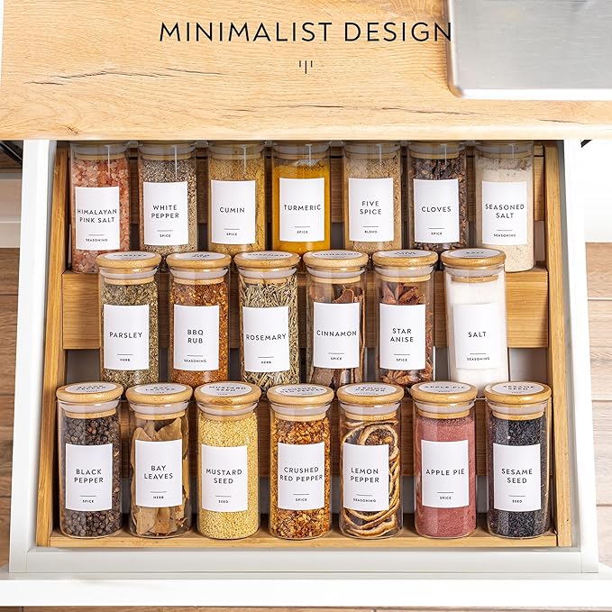 Laramaid 4oz 20Pack Spice Jars with Minimalist Spice Labels, Round Jar Canisters with Polished Bamboo Lids, Adjustable Measuring Spoon, Black Pen, Cleaning Brush & Collapsible Silicone Funnel
