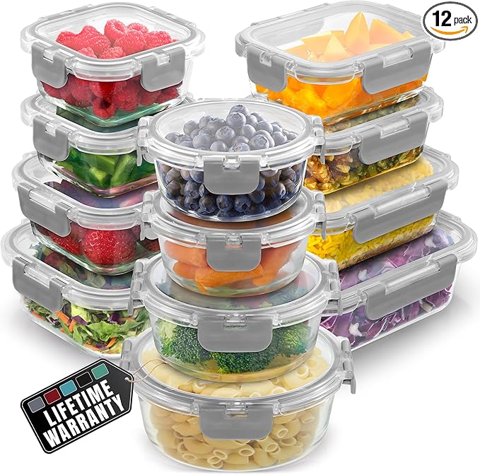Zulay Kitchen 12 Pack Glass Meal Prep Containers with Lids - Airtight, Premium Borosilicate Glass Food Storage Containers - Microwave, Freezer & Oven Safe, BPA Free - Gray