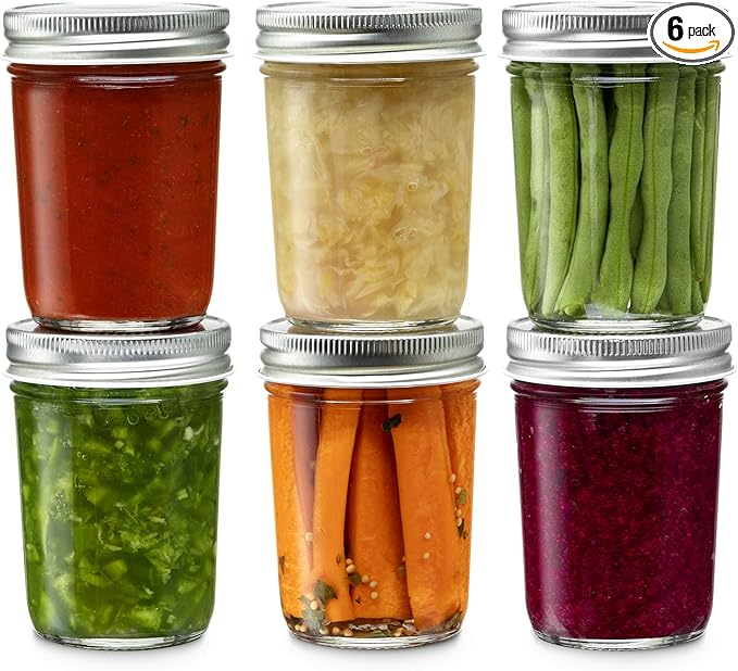 Paksh Novelty Glass Regular Mouth Mason Jars, 8 Oz Jars with Silver Metal Airtight Lids for Meal Prep, Dry Food Storage, Canning, Drinking, for Overnight Oats, Jelly, Spices, Salads, Yogurt (6 Pack)